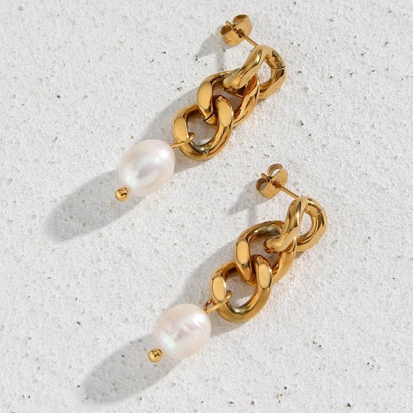 Fresh Water Pearl‎ Gold Chain Drop Earrings 18K Gold Plated Stainless Steel - Picture 8 of 13